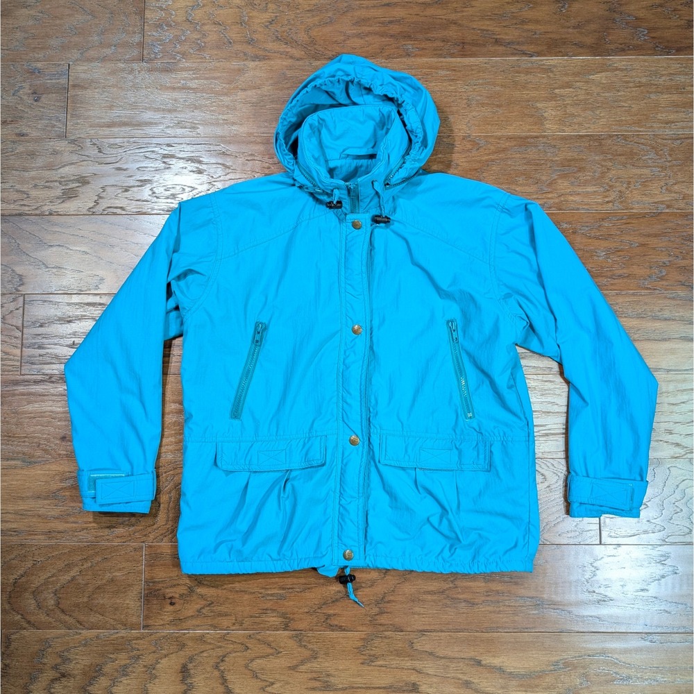 LL Bean Vintage Windbreaker Jacket Turquoise Blue Stowaway Hood Womens Small